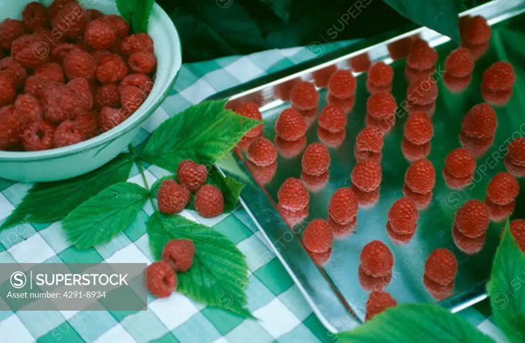 Close-up of freshly picked raspberries in a bowl on a green and white checked cloth