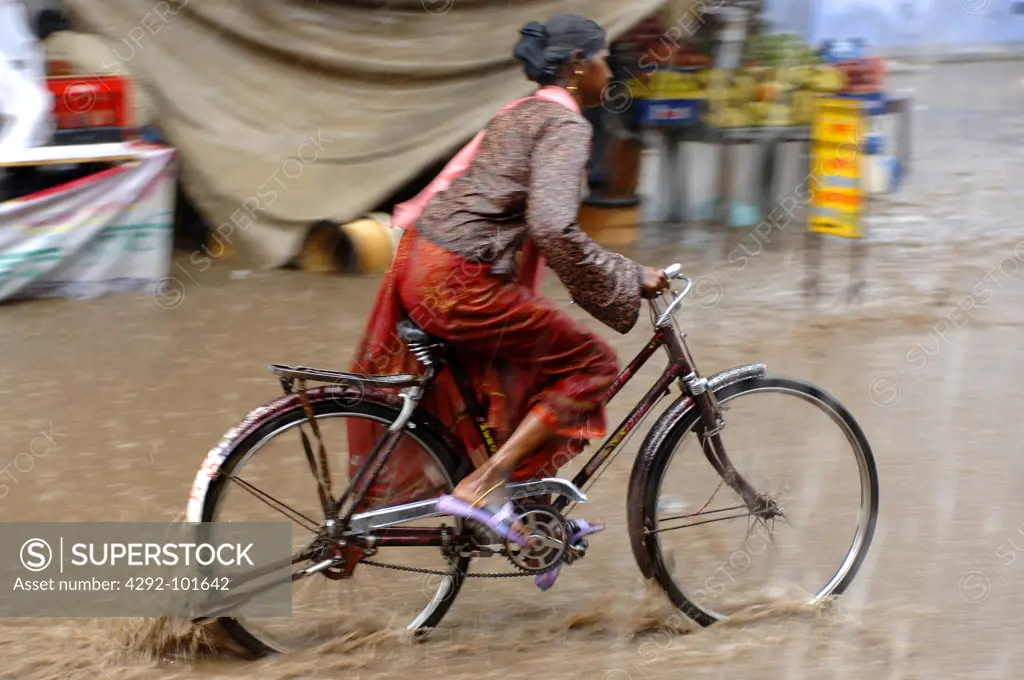 India, Pushkar, woman on bicycle during rain