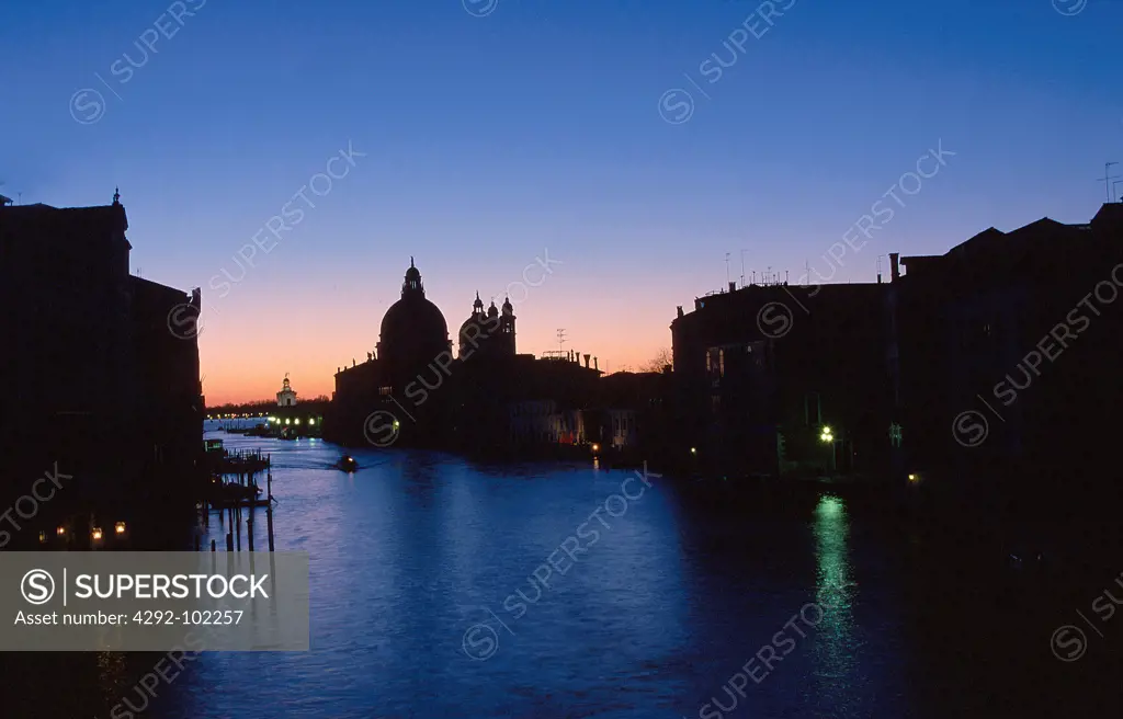Italy, Veneto, Venice, Santa Maria della Salute and the Canal Grande at sunset