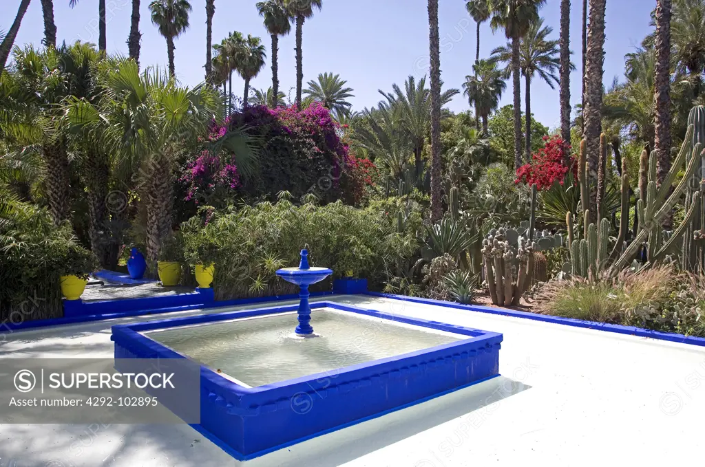 Africa, Morroco, Marrakech, Majorelle garden, Fountain.