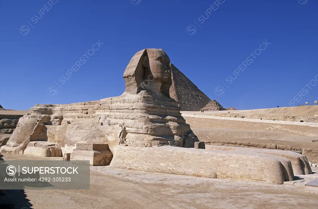 Egypt, Cairo, Giza. The Sphinx with Chephren Pyramid