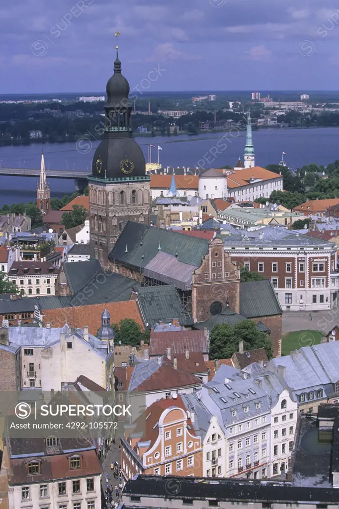 Europe, Latvia, Riga, Old town: view of the cathedral and castle from St.Peter's church