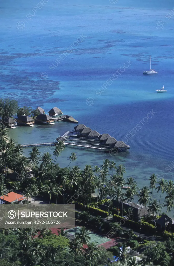 Polynesia, French Polynesia, Bora Bora. Aerial view of a resort
