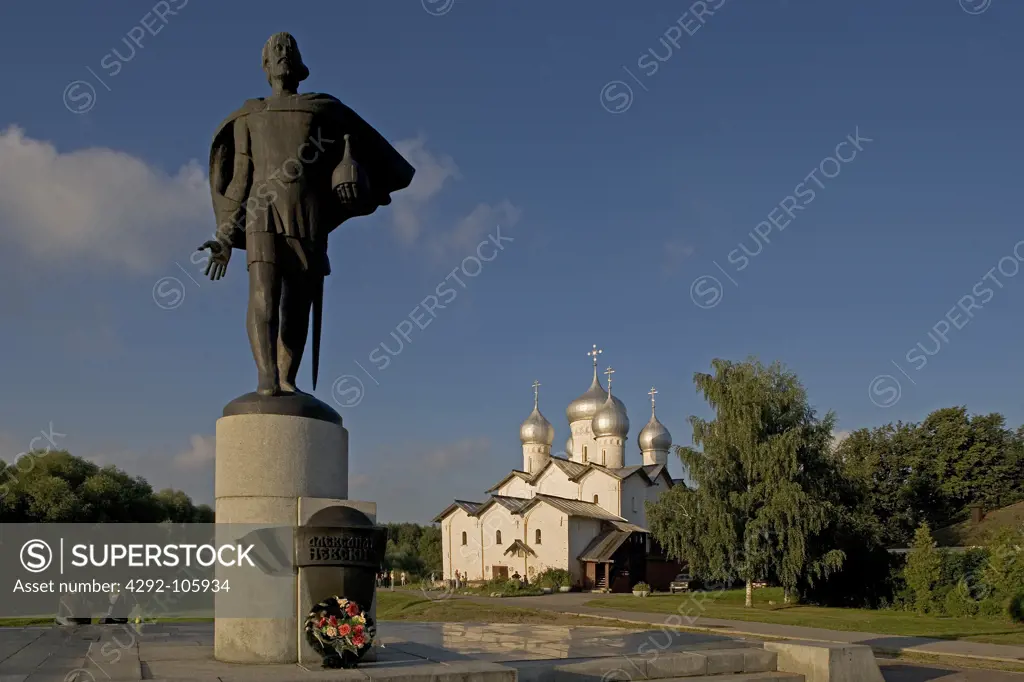 Russia, Novgorod, the great commercial Quarter. Church of SS Boris and Gleb in Plotnik,(1536)Alexander Nevski statue