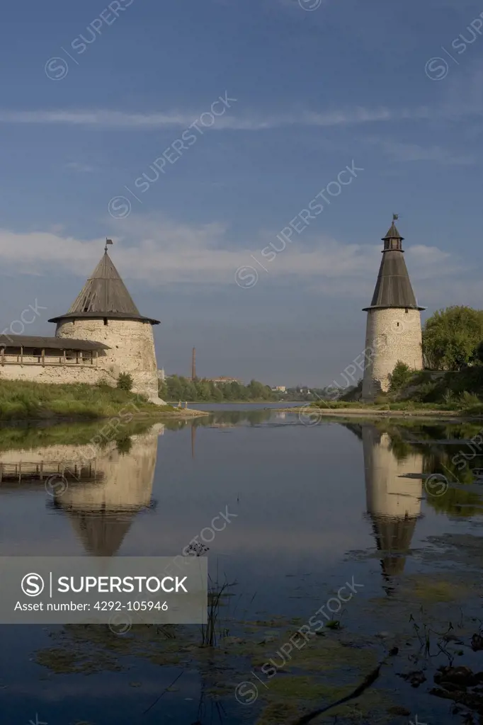 Russia, Pskov, Psokova river, Ploskaya and Ressurection towers