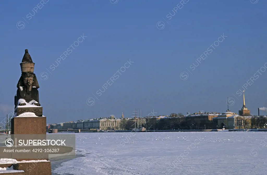 Russia, St. Petersburg, sphinx statue and Neva river