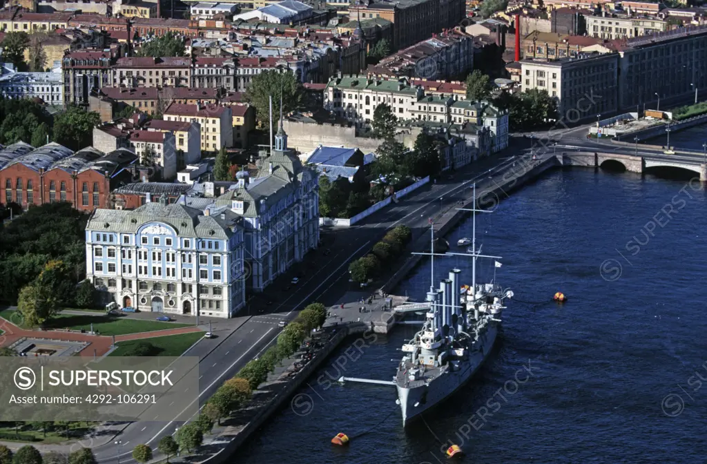 Russia, St. Petersburg, the Naval Academy and the battleship Aurora, aerial view