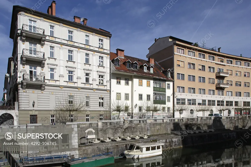 Slovenia, Ljubljana, Ljubljanica River, Riverside, Typical Buildings.
