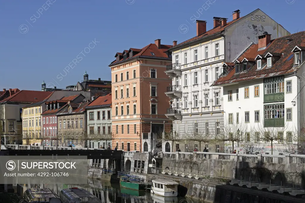 Slovenia, Ljubljana, Ljubljanica River, Riverside, Typical Buildings.