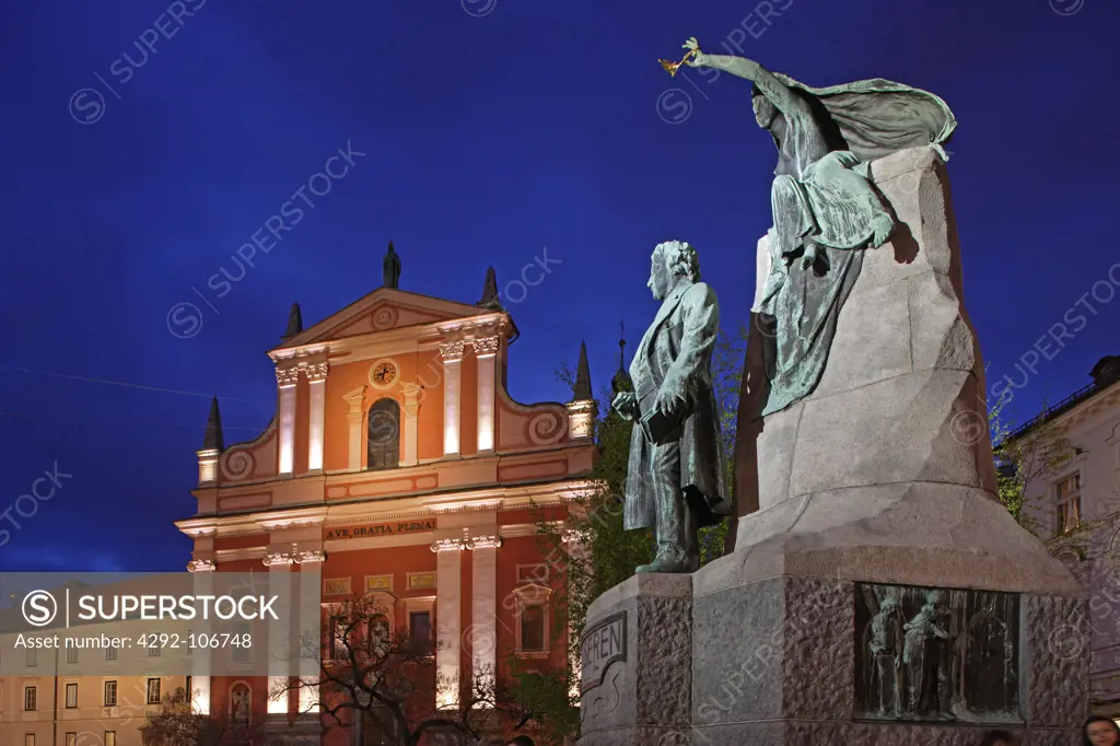 Slovenia, Ljubljana, Preseren Square, Church of the Annunciation,, Monument to France Preseren, Slovenia's greatest poet.