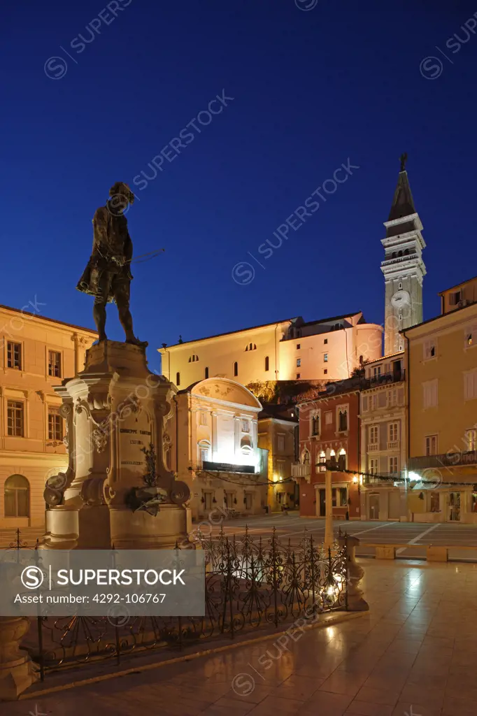Slovenia, Piran, Tartini Square, Giuseppe Tartini's Monument at Night.