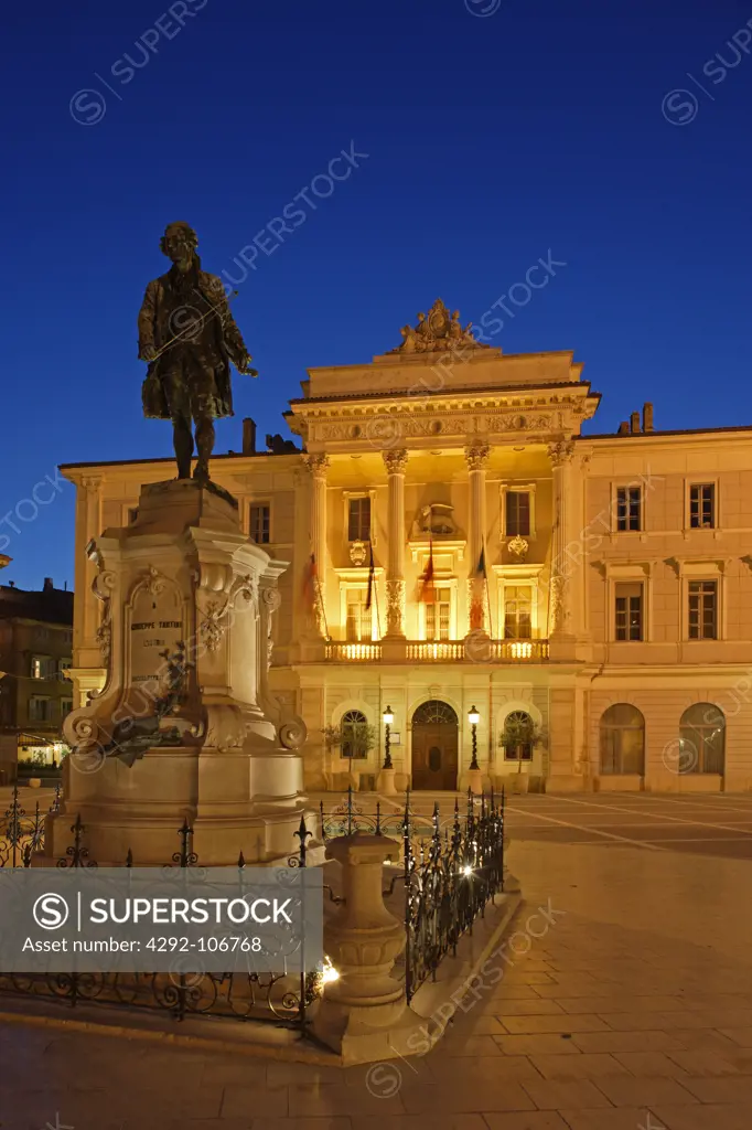 Slovenia, Piran, Tartini Square, Town Hall, Giuseppe Tartini's Monument at Night.