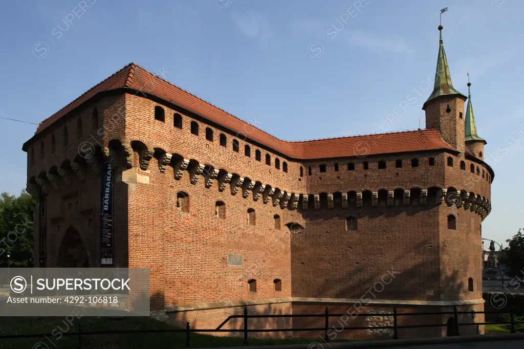 Poland, Krakow. Barbican(Barbakan)the medieval fortification (an example of defensive architecture from the 15th century, the largest and best preserved building of its kind in Europe)