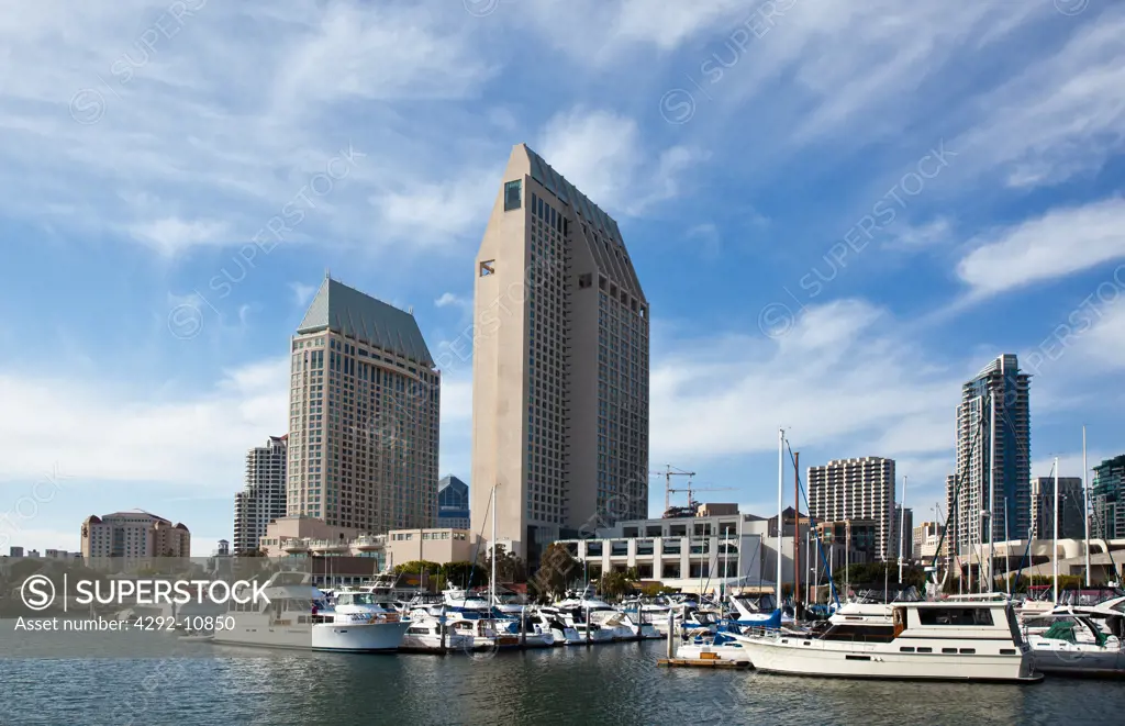 USA, California, San Diego, Seaport village and city skyline