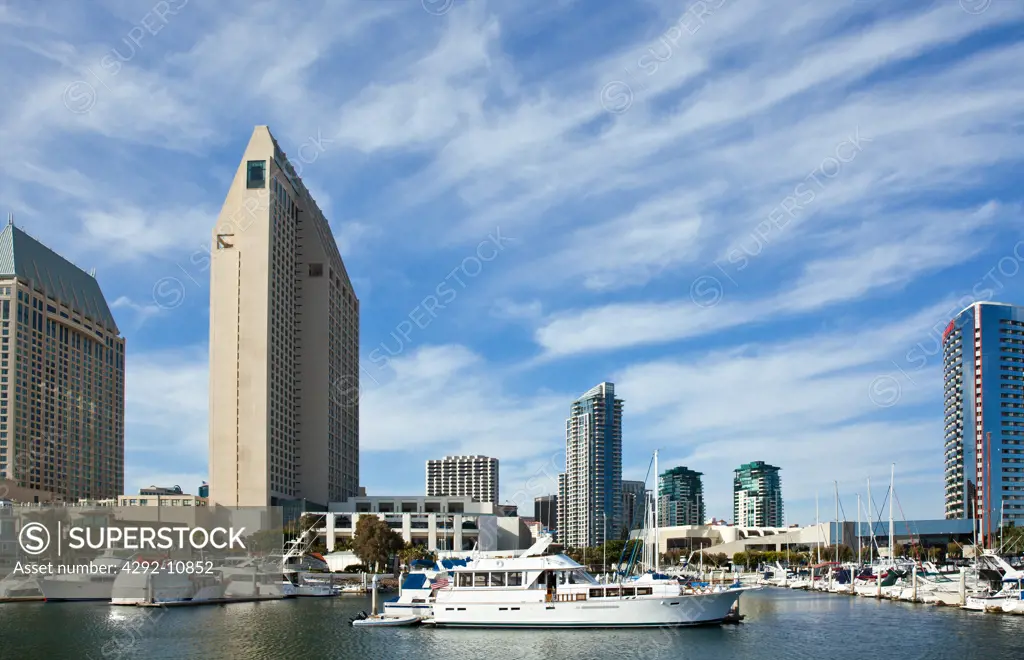 USA, California, San Diego, Seaport village and city skyline
