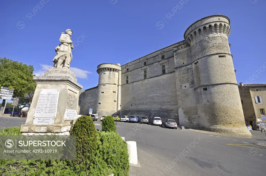 France, Provence, Gordes, World War I Memorial in Front of Castle