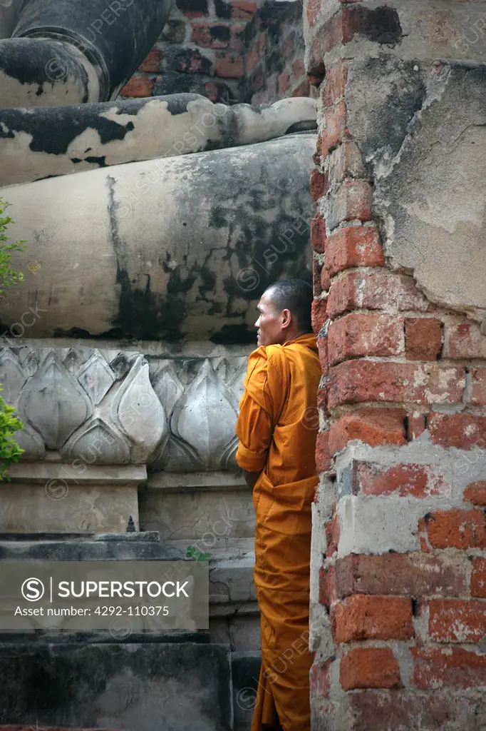 Thailand, Ayutthaya, monk at Wat Yai Chai Mongkon