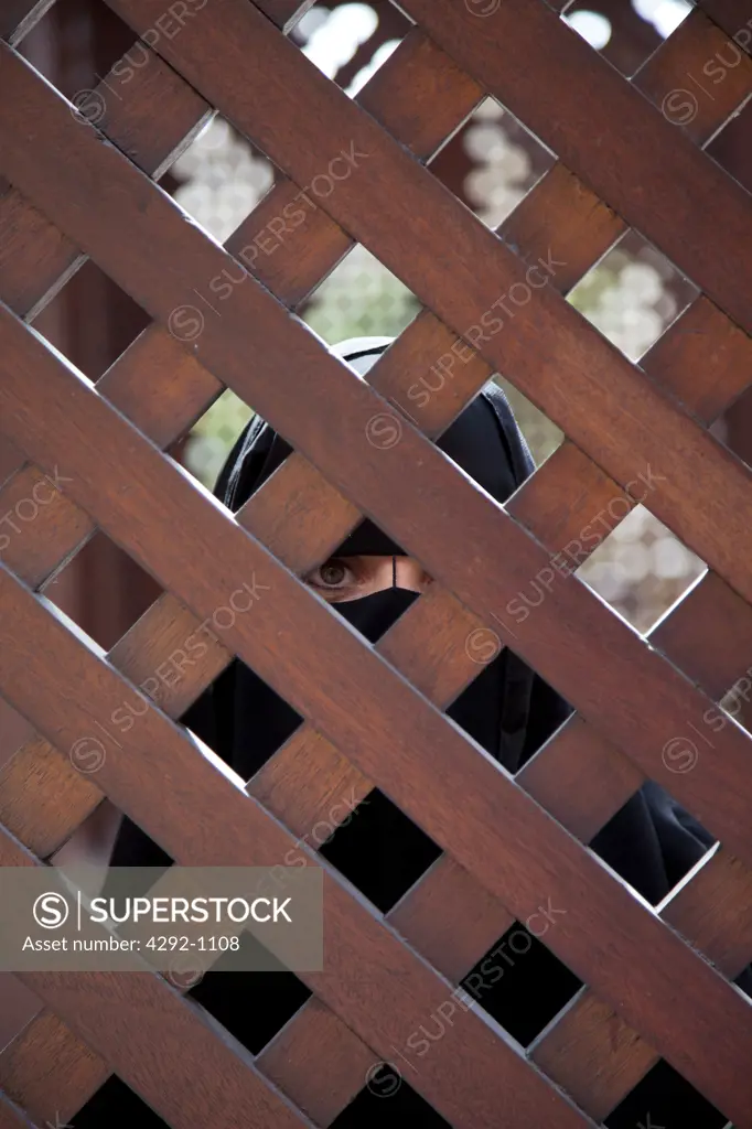 United Arab Emirates, Dubai, Arab Woman in a Hijab Looking Through Fence