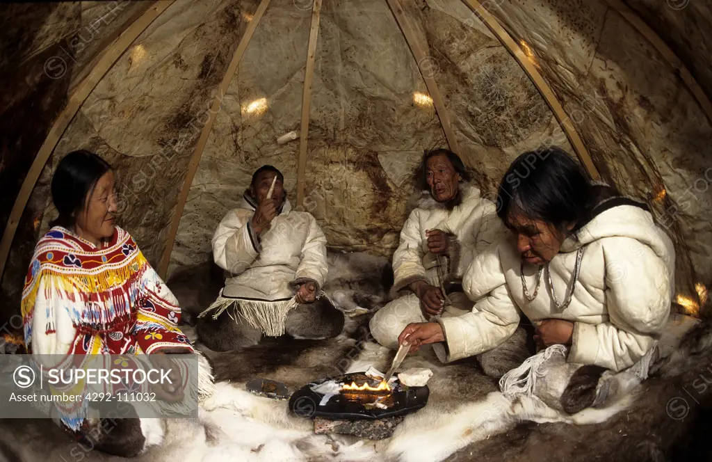 Canada, Baker Lake, Nanuvut, inuit group on typical tent