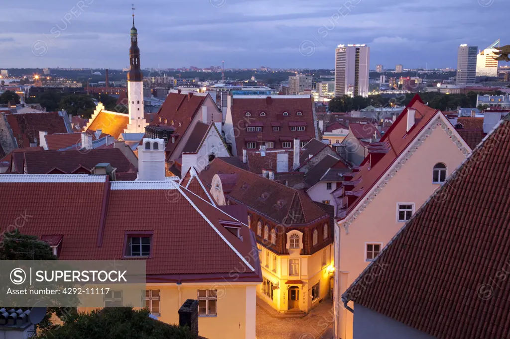 Estonia, Tallinn, Harju, Harjumaa, view over old town at dusk