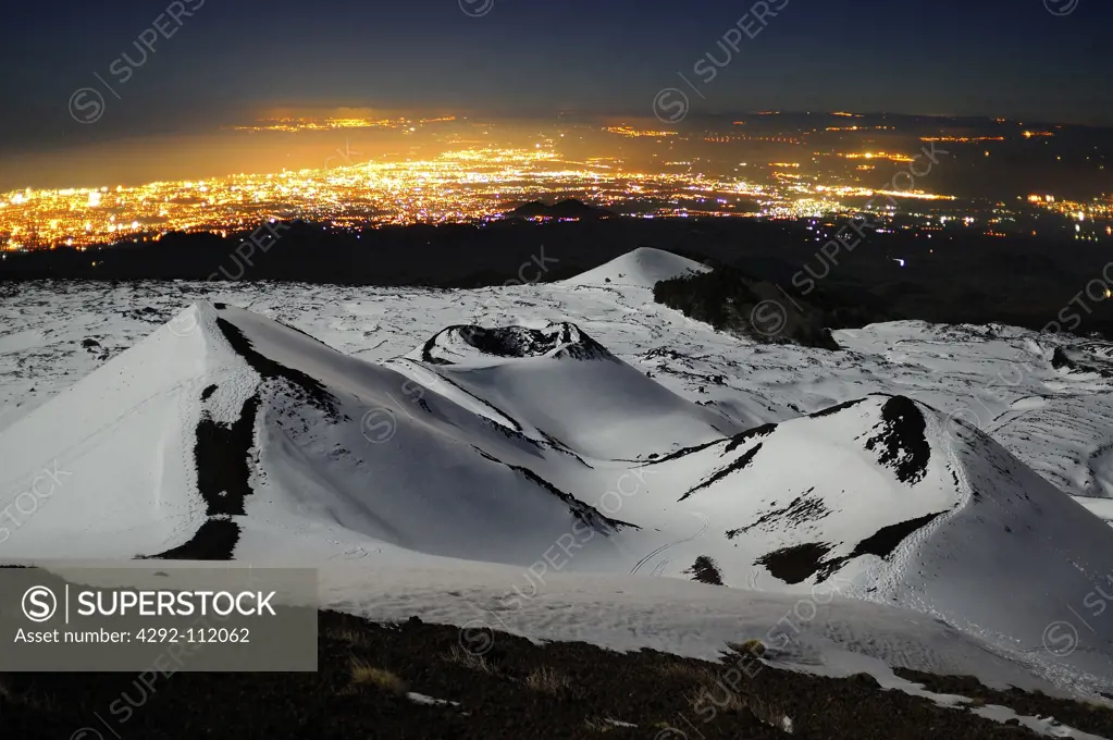 Italy, Sicily, Volcano Etna in winter, Crateri Silvestri at night
