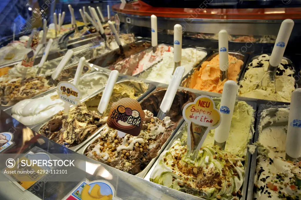 Itlay, Sicily. Assortment of ice cream in ice cream parlour