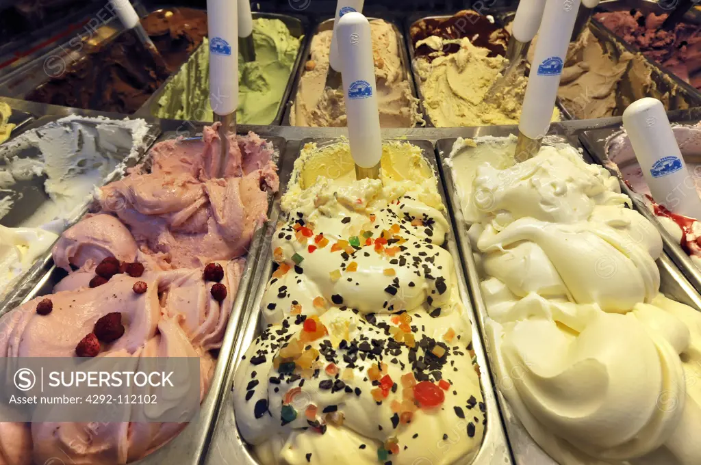 Itlay, Sicily. Assortment of ice cream in ice cream parlour