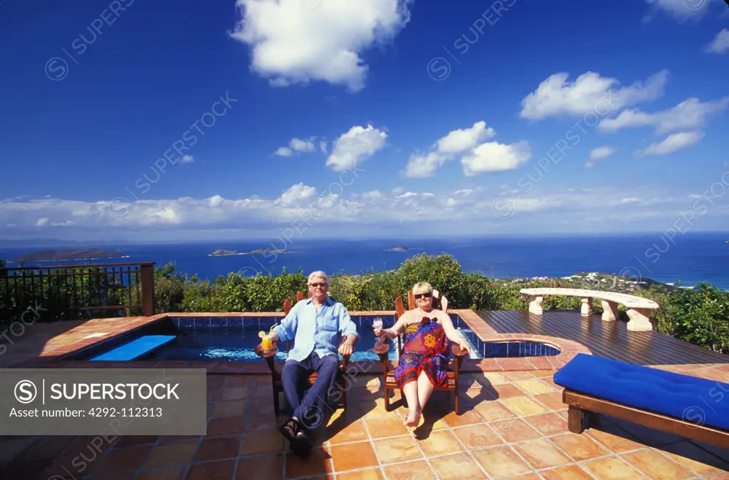 Caribbean, St. Barts. French West Indies, senior couple in a resort