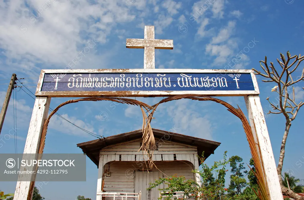 Laos, Wooden Cross at the Entrance of a Christian Church in a Lao Village.