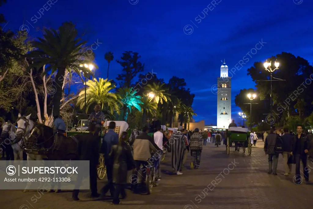 Africa, Morocco, Marrakech. Jemaa el Fna square, the town at night