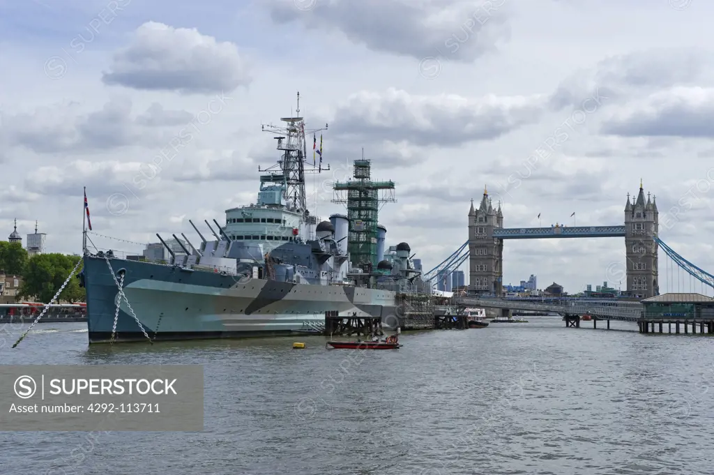 UK, England, London, HMS Belfast Museum Ship and  Tower Bridge