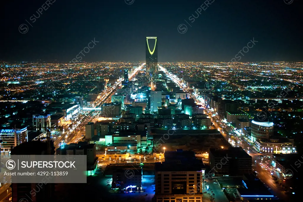 Saudi Arabia, Riyadh, night view from the Al Faisaliah tower