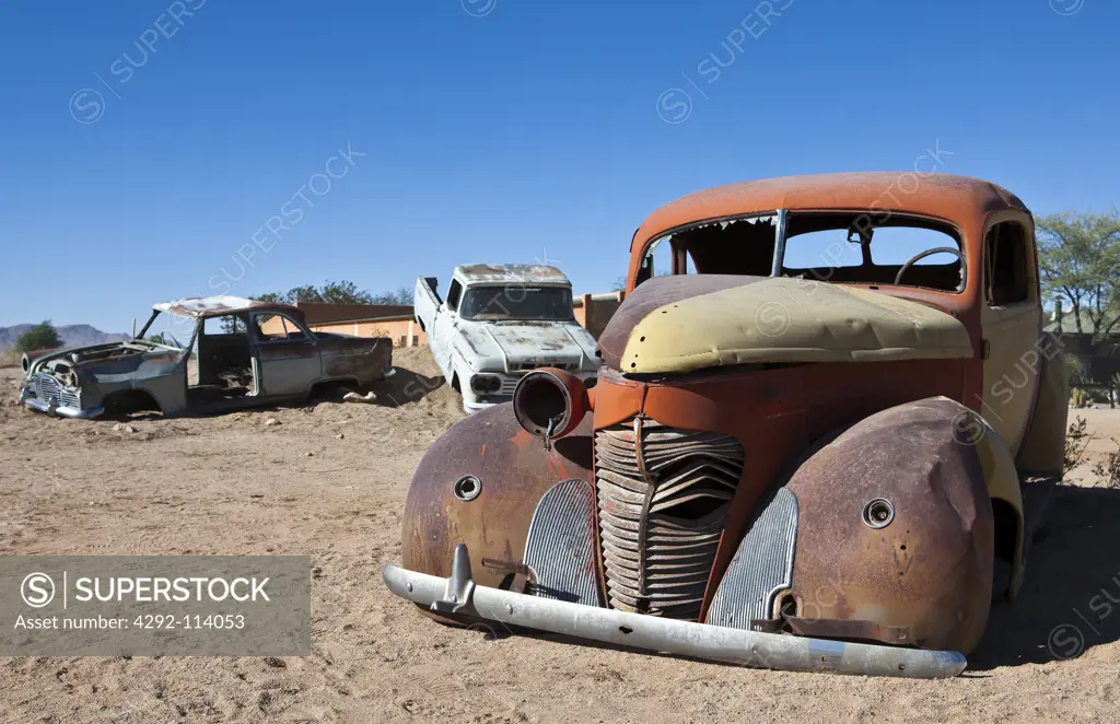 Africa, Namibia, Solitaite, Destroyed cars in the desert of