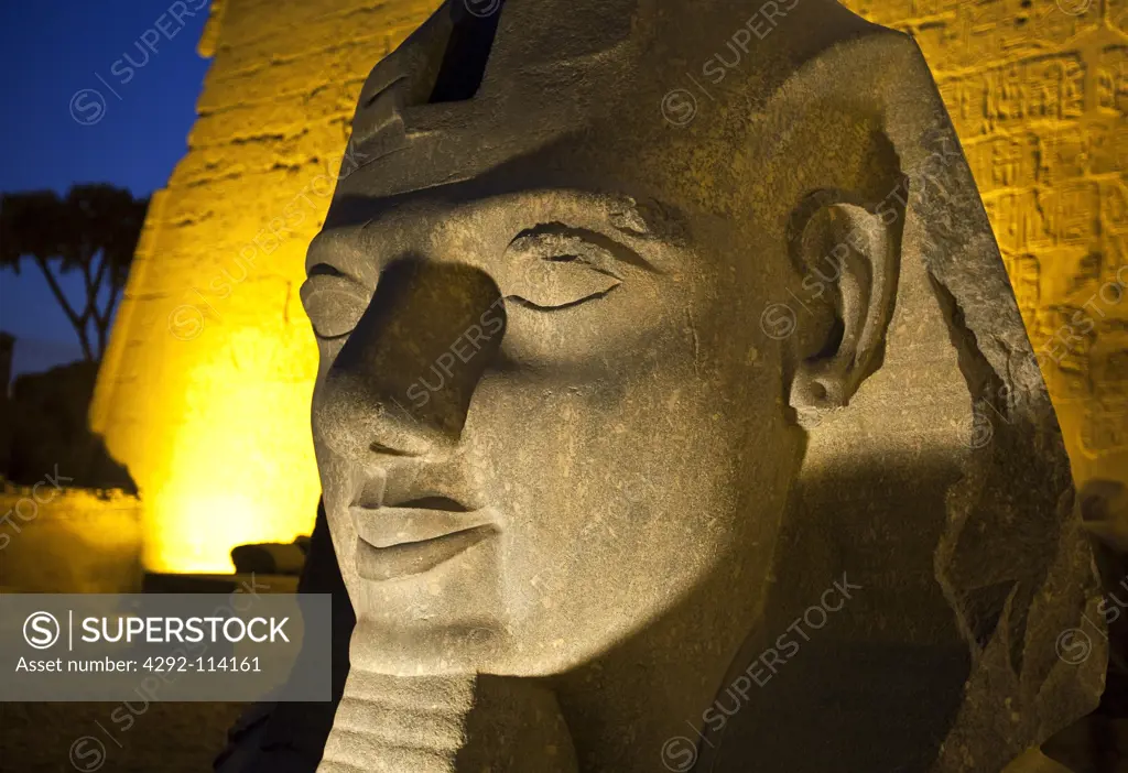 Egypt, Luxor, Temple of Luxor with Ramses statue at night
