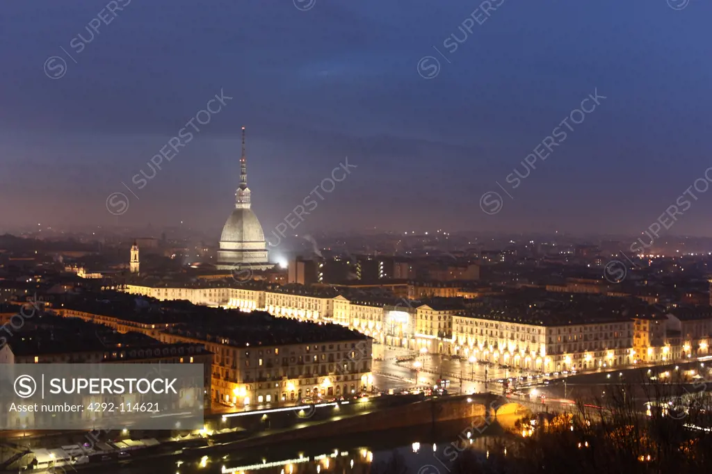 Italy, Piedmont, Turin at night