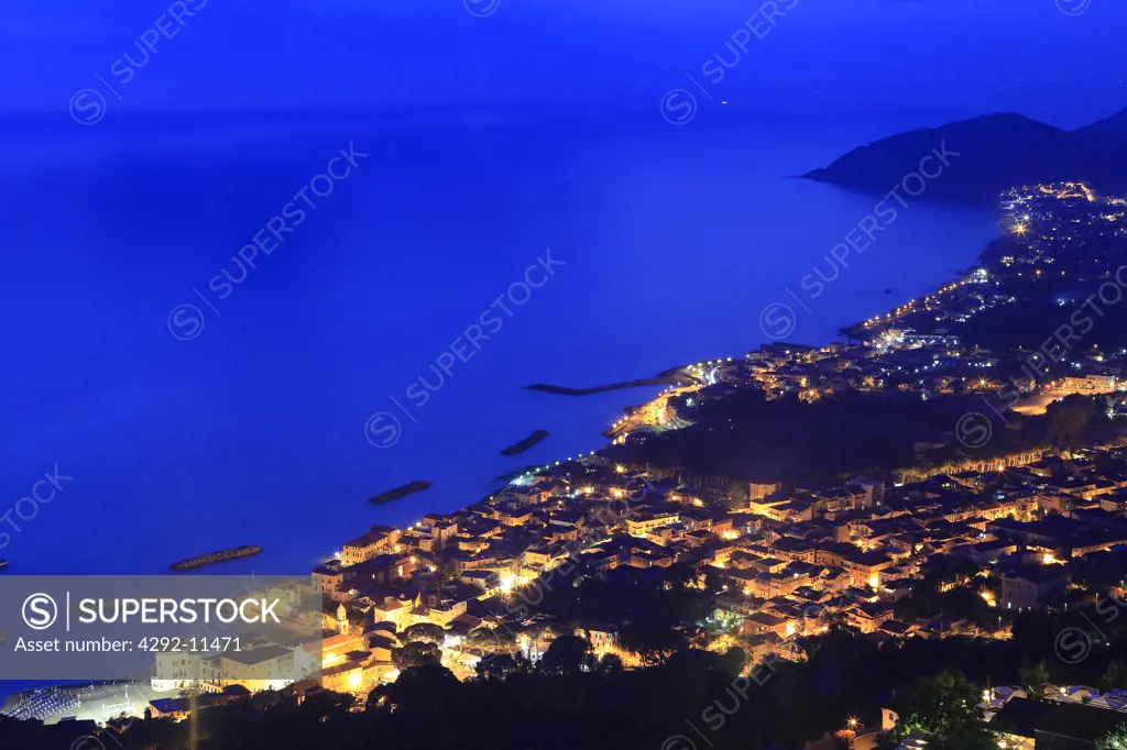 Italy, Campania, Cilento National Park, Castellabate, view of Santa Maria di Castellabate at Night