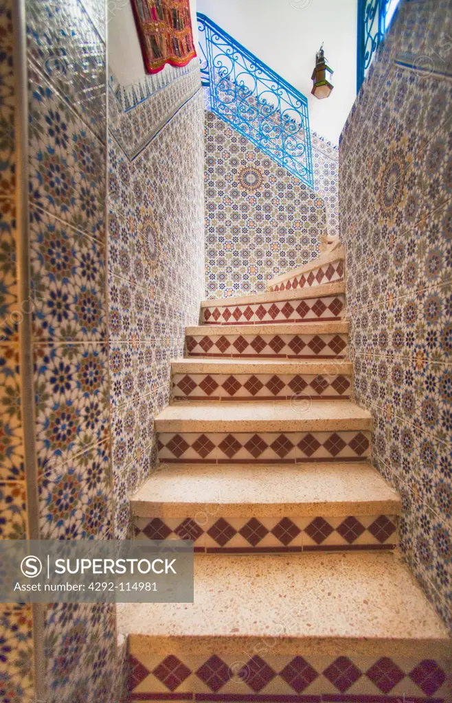 Morocco, Agadir, Taroudant. Staircase, typical Moroccan style.