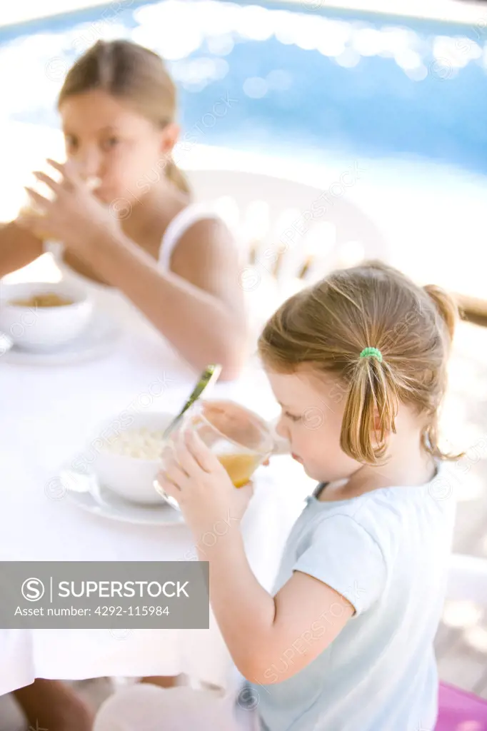Two girls having breakfast