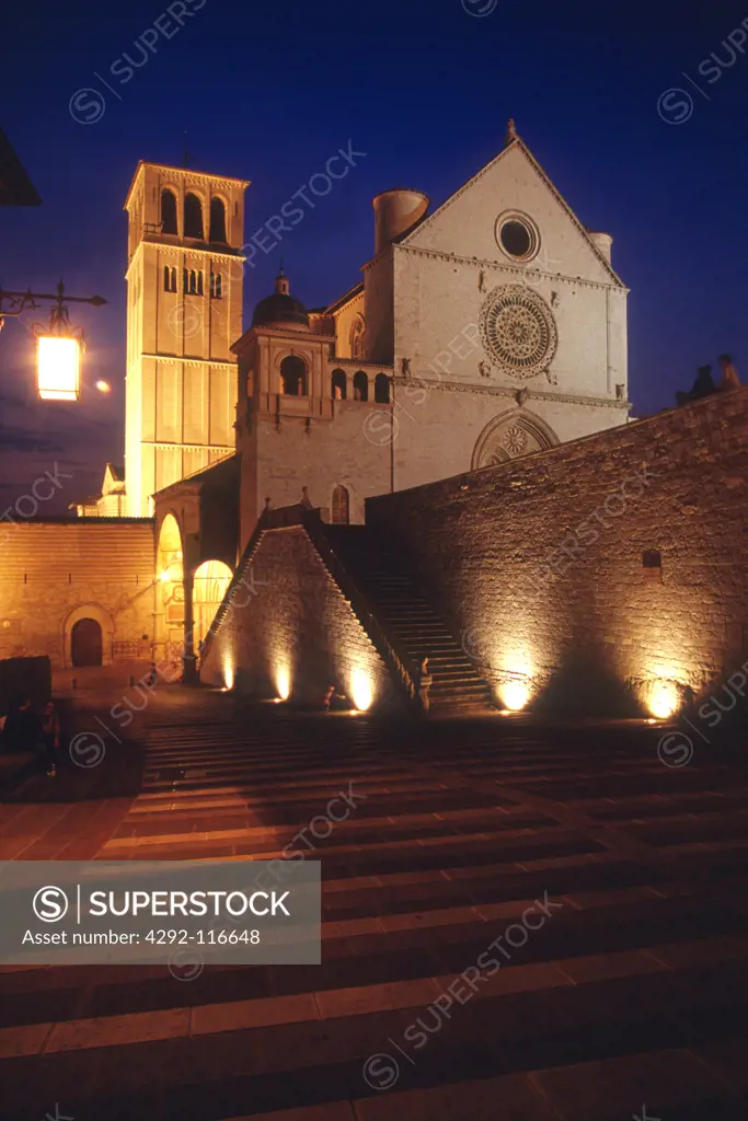 Italy, Umbria, Assisi, The San Francesco d'Assisi basilica at night