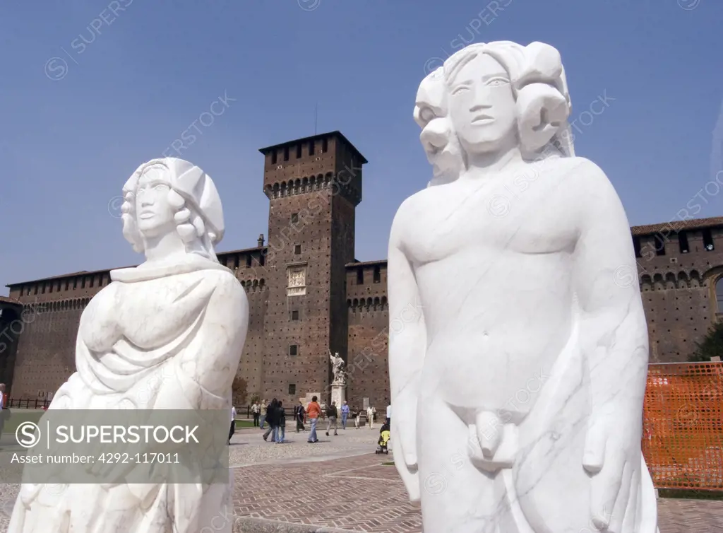 Italy, Lombardy, Milan, the Castello Sforzesco. Matthew Spender sculptures