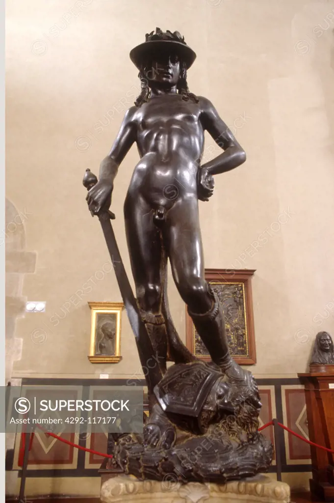 Italy,Tuscany, Florence, Bargello museum, Bronze statue of David Artist Donatello.