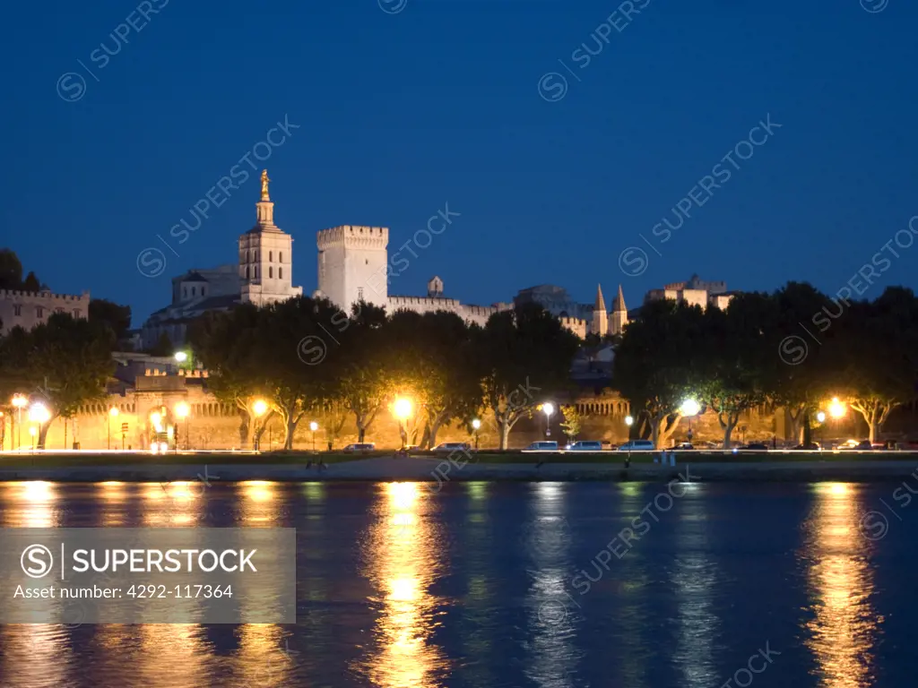 France, Provence, Vaucluse, Avignon, Rhone River, Palace of the Popes at Dusk.