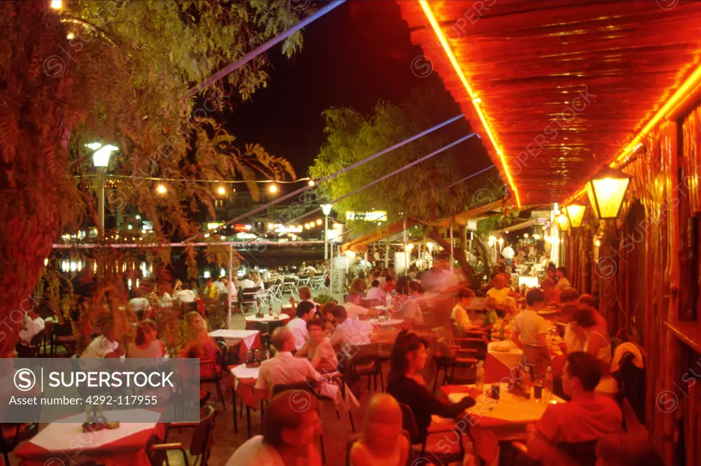 Greece, Crete, Aghios Nikolaos, Cafe at Night.