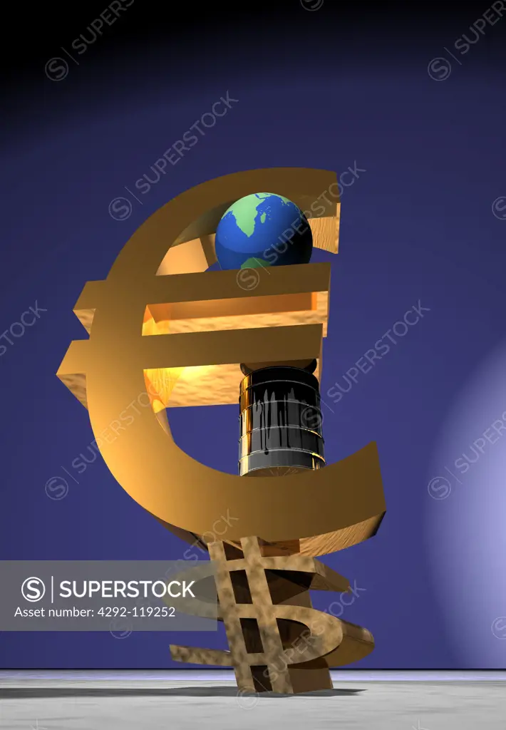 Dollar sign crushed by Euro sign, oil drums and globe