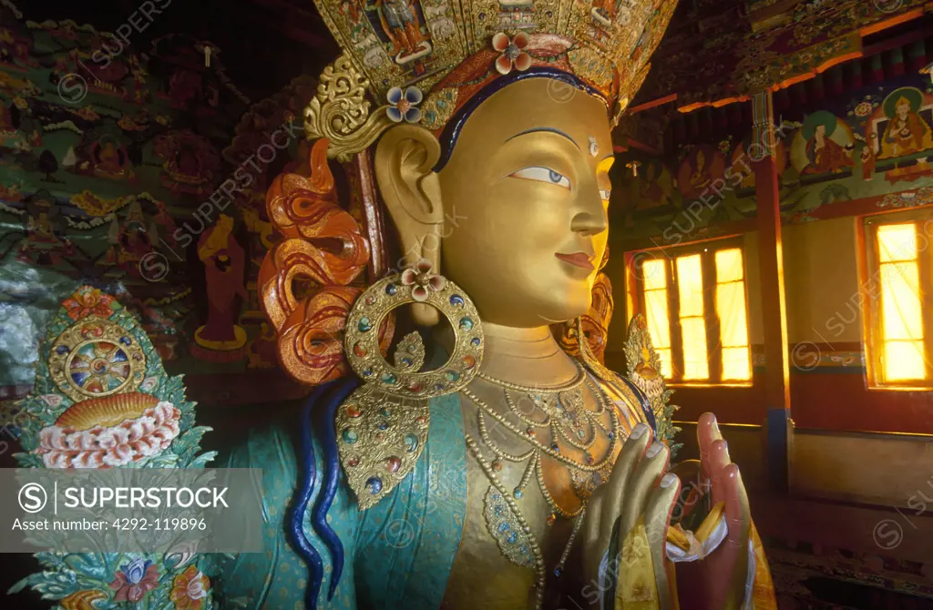 India, Jammu and Kashmir, Ladakh, Thiksey Monastery, 14mt golden statue of Maitreya. The Buddha to come
