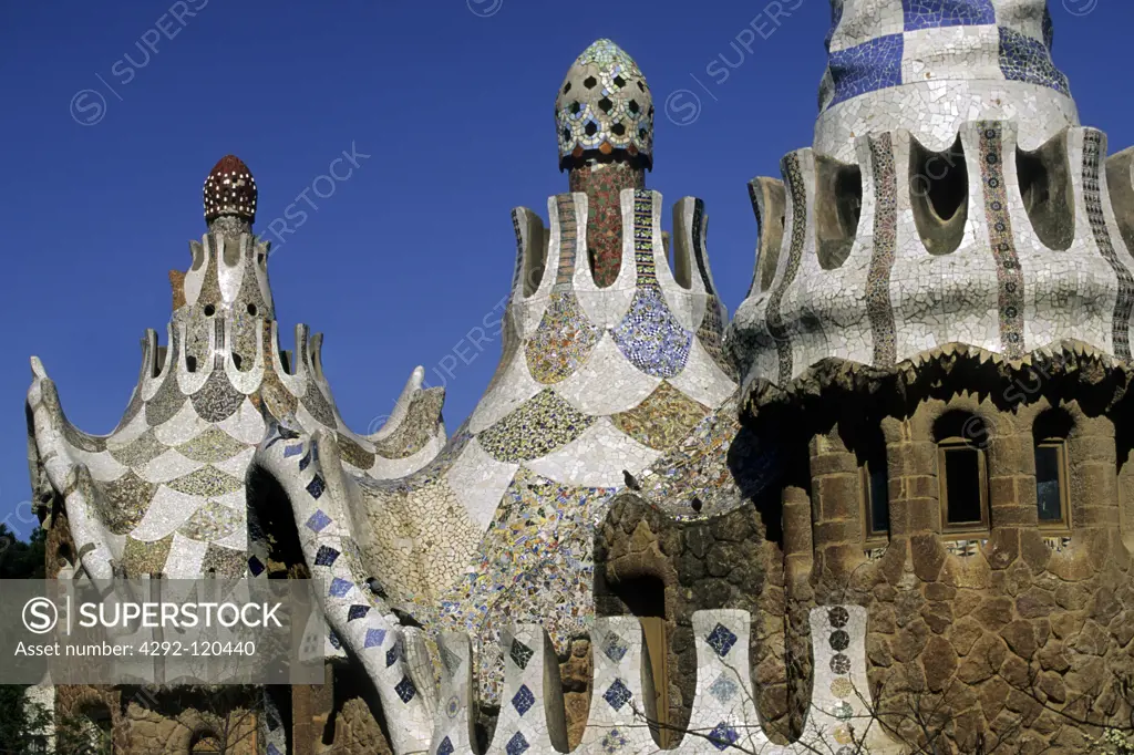 Spain, Barcellona, Mosaic towers by Gaudi at Park Guell