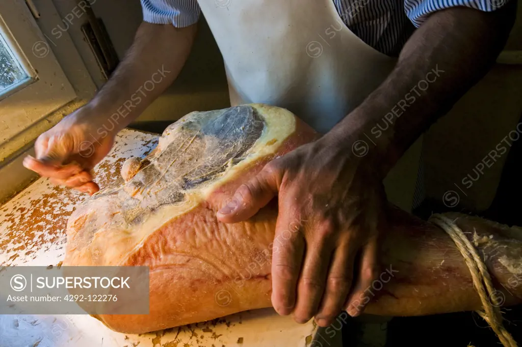 Italy, Emilia Romagna, Savignano sul Panaro. Prosciuttificio Nini Gianfranco, preparation of Modena ham
