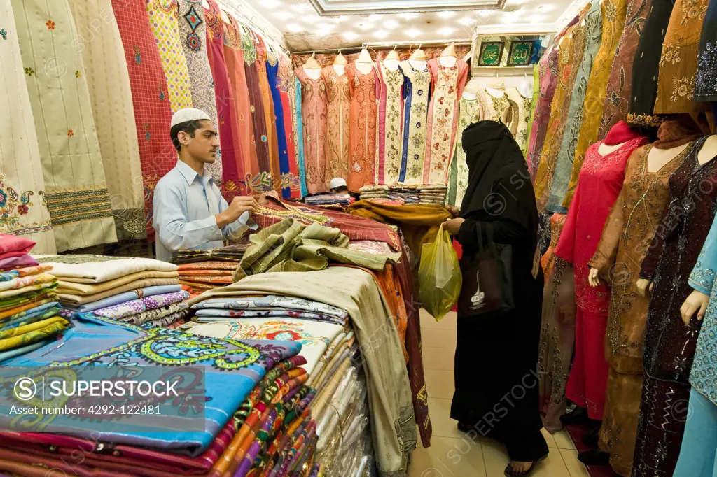 Dubai, United Arab Emirates, Deira, interior of a textile shop