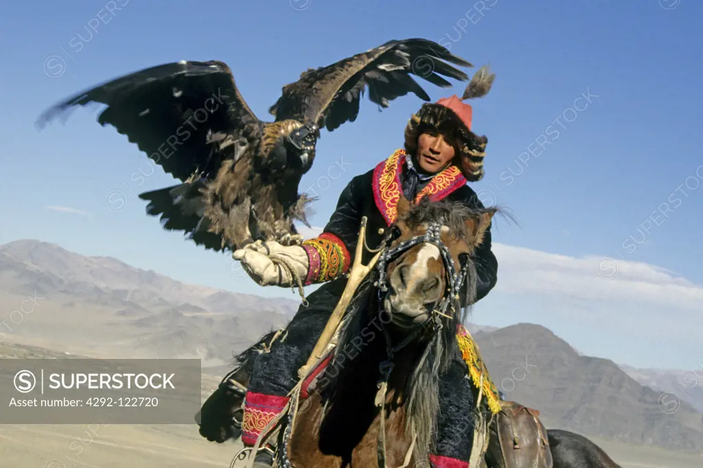 Mongolia, Altai Mt. Man with eagle