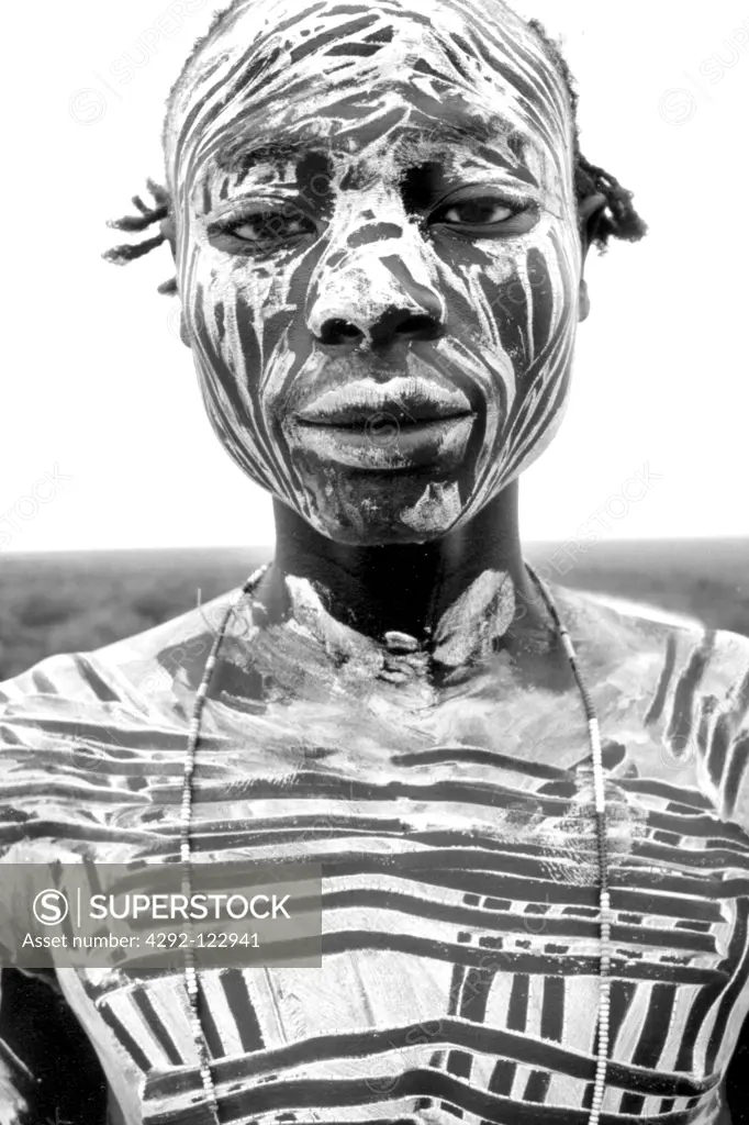 Africa, Ethiopia, South Omo, Mago National Park, Mursi man with body painting in village